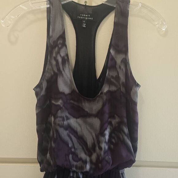 ROBERT RODRIGUEZ Purple and Black Printed Silk and Lace Trim Tank Dress,Nwot, 0 - Picture 4 of 9